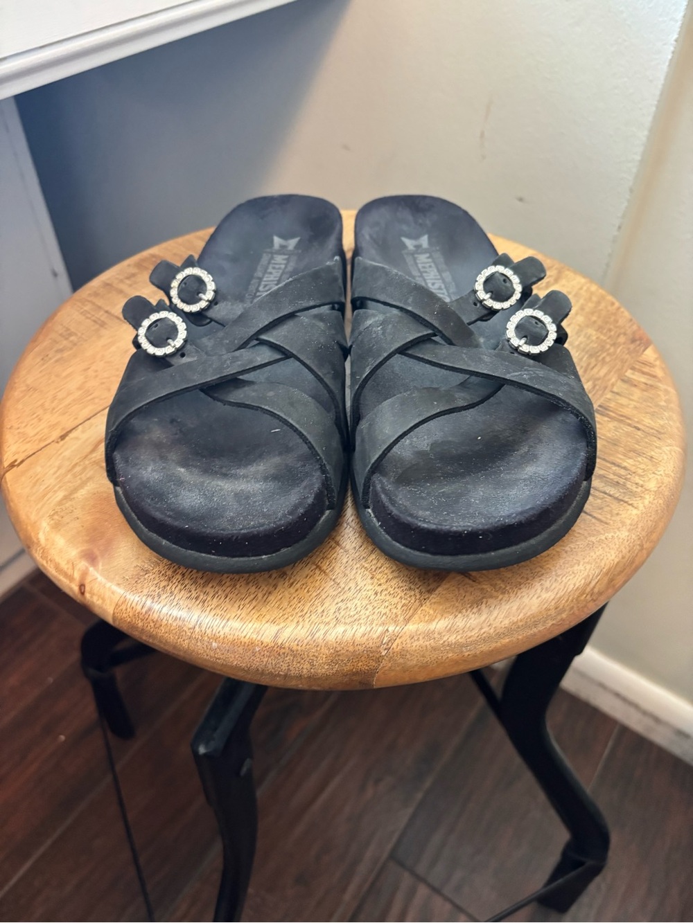 Women’s Mephisto Hanel Black Slide Sandals with Decorative Buckles rhinestones38